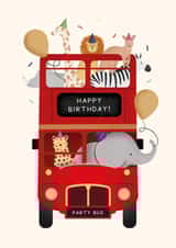 Cute Birthday Card - Red Party Bus with Safari Animals created by Studio Mads