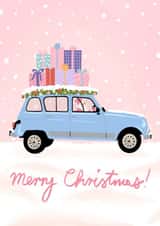 Pink Merry Christmas card with blue retro car Renault 4 created by Monsieur Dorian