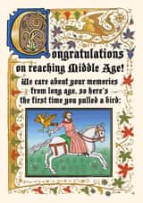 Cheeky birthday card for man aged 50 or 60 - medieval falconer - pulling a bird created by Cathy Simpson