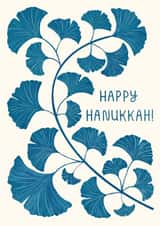 Happy Hanukkah! - Beautiful Modern Botanical Floral Card with Blue Ginkgo Leaves created by O WHAT A FEELING