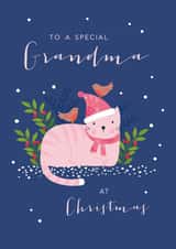 Cute Special Grandma Festive Cat and Robin Christmas card created by Klara Hawkins