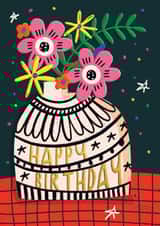 PRETTY BIRTHDAY CARD FOR HER. PRETTY FLOWERS AND VASE. created by NICHOLA COWDERY ILLUSTRATIONS 