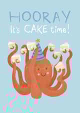 Cute Birthday Card for Kids - Octopus Eating Cake - HOORAY It's CAKE time! created by Claire Prendergast