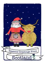 Cute Scottish Christmas Card for Friends and Family - Santa and Highland Cow. created by The Ricketty Desk