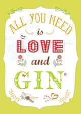 All you Need is Love and Gin greetings card for all occasion for gin lovers created by Booby's Studio