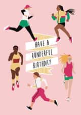 Cute hand illustrated marathon running birthday card created by Vallely Studios