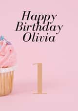 Cute, pink personalised birthday card for 1 year old girl called Olivia created by Absolute Shants