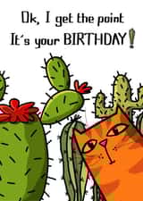 Cute, cheeky cat birthday card - cacti - I get the point. created by Sunny and Pea