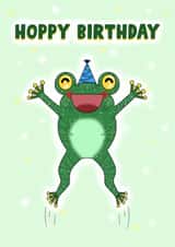 Cute Hoppy Birthday frog themed birthday card created by Lauren Prizeman