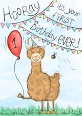 First birthday celebration card with cute alpaca and buzzy bee for boys or girls created by Peach Nut Studio