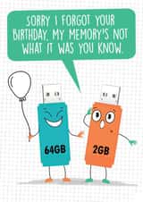 Funny belated Birthday Card - Cute tech memory sticks - Memory's not what it was created by Quitting Hollywood