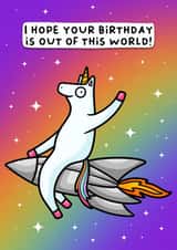 Funny unicorn rocket Birthday Card - Out of this World created by Wafflemamaart