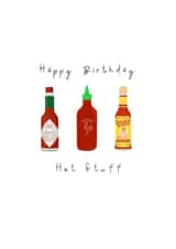 Minimal but cute Birthday card featuring everyone’s face spicy hot sauces. created by Sun Sea Swell