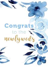 Fresh loose watercolour style unisex wedding card in sophisticated blue and gold created by DECKLED EDGE LTD