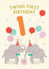 Cute Birthday Card - Elephants - Twins First created by Pixie Studio