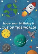 Space birthday card - out of this world - spaceship - planets - astronaut created by Rainee Collections
