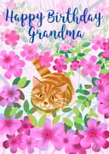 Pretty birthday card for Grandma - ginger cat - flowers created by Cathy Simpson