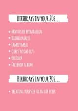 Funny Birthday Card for Her - 20s birthdays vs 30s birthdays created by whimsical AF
