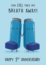 Cute and Funny Anniversary Card - Asthma Inhaler - 1st created by Sophie Kent Illustration