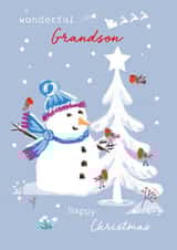 Cute Christmas Card - Grandson - Snowman and Robins created by SABIVO Design by Sabina