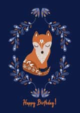Cute fox birthday card for all, folk art style birthday card. created by Her Joyful Heart