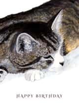 Peaceful Cat Nap Birthday Card - Gouache Painting created by Peter Ratcliffe
