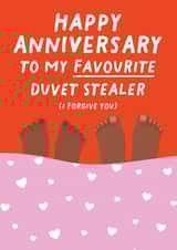 Cute Anniversary Card - Happy Anniversary to my Favourite Duvet Stealer created by Pixie Studio