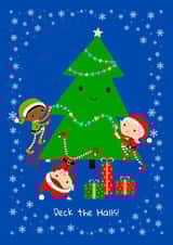 Cute Christmas Elves decorating the tree for families, children and grandparents created by Ozric's Cards