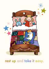 Rest up and take it easy - Get well soon illustrated card created by Emelia Brooks
