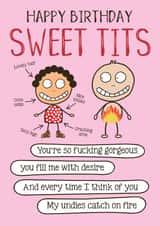 Happy Biirthday Sweet Tits - Funny Cartoon card created by Liverpool Card Studio