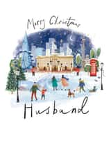 London Christmas card for Husband, traditional watercolour illustrated scene created by Hannah Owen Illustrates