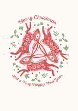 Traditional Christmas card - Festive Hares - by printmaker Ian Cunliffe created by Paper Bird