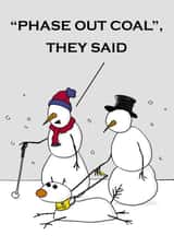 A funny cartoon Christmas card with snowmen thinking about net zero created by James Mellor
