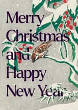 Modern Christmas card with vintage Japanese illustration of a snowy robin bird created by Matt Windsor