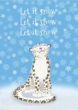 Cute Christmas card featuring a smiling snow leopard surrounded by snowflakes created by LeopardyNonsense