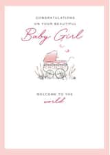 New Baby Girl card - sweet pink pram - welcome to the world created by Orchard Design House