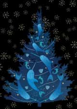 Christmas Card, Christmas tree, Whales and snowflakes created by Annie Wilkinson