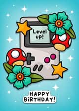Cool gamers level up Birthday Card. Retro Gamer design for teens and grown ups! created by Wafflemamaart