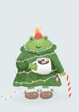 Cute Christmas card with funny frog holding cacao created by Anna Alekseeva