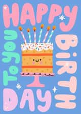 Cute & Funny Birthday Card For a Happy Cake Loving Friend created by by Rosie Banton
