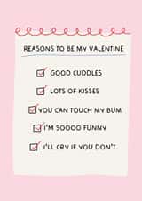 Cute Reasons To Be My Valentine Checklist Valentines Card created by Puns and Needles