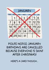 Funny January Birthday Card - January Birthdays Cancelled created by Puns and Needles