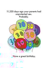 Funny Birthday Card - 30th - Parents Unprotected Sex created by OBJECTABLES