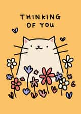 Cute Thinking of You Card - White Cat, Flowers, Butterflies created by Wren & Wilson
