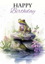 Happy Birthday Frog Sitting on a Rock with Flowers and Pond created by Tanya Hall