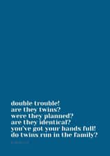 Twin Life Card, Classic Twin Questions and comments, New Baby Twins, Twin Bingo created by Grange Farm Creative