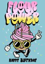 Flour Power cute cupcake mascot birthday card created by Foxx & Raccoon