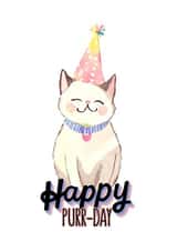 Happy Cat Birthday Card - Cute White Cat in Party Hat - Happy Purr-Day created by Cornish Cat Lady