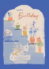 Classic Birthday Card - Pots on Steps - Playful Illustration created by Rebecca Prinn