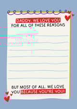 Cute Fathers Day Card - Reasons We Love You - Daddy, We Love You Because - Sentimental created by Puns and Needles